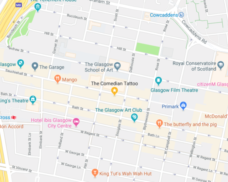 map of glasgow showing the area the comedian tattoo is in